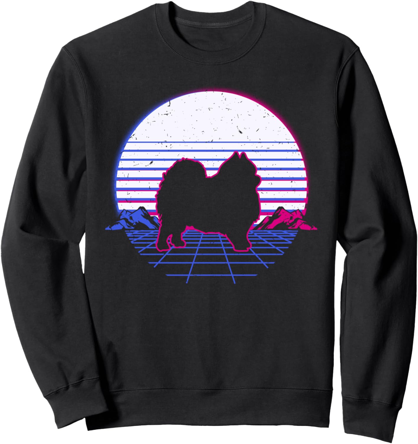 

Толстовка в стиле ретро-винтаж с изображением щенка померанского шпица и заката Retro Wavesynth Wavepomeranian, черный