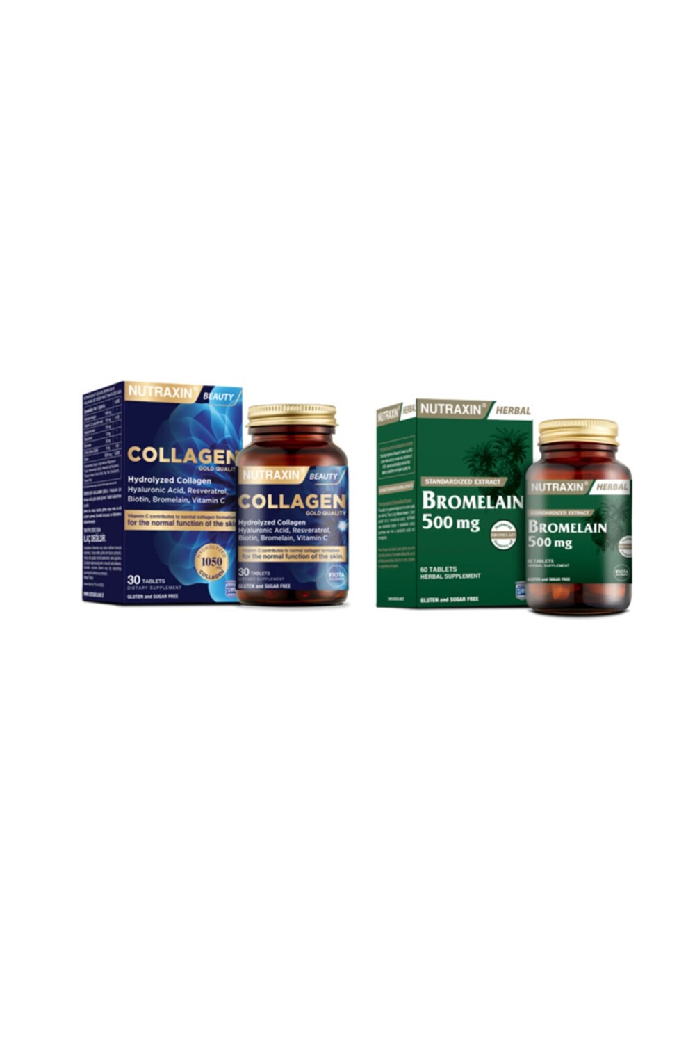 

Nutraxin Гидролизованный коллаген с гиалуроновой кислотой 30 таблеток + бромелайн 500 мг 60 таблеток