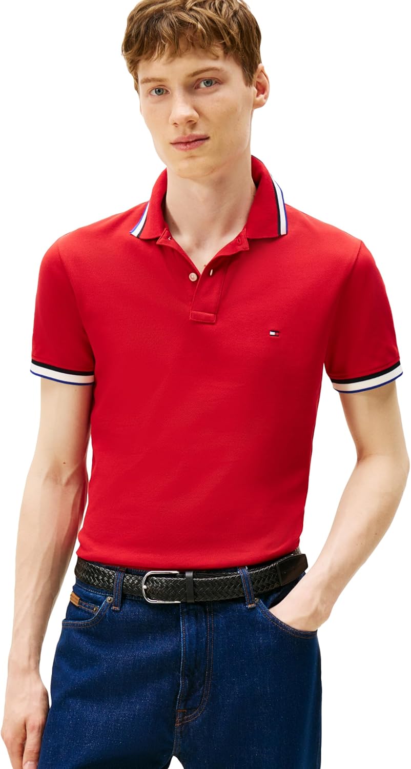 

Мужские повседневные рубашки-поло Tommy Hilfiger с коротким рукавом, облегающего кроя, с эластичными манжетами, Medium Red, Красный, Мужские повседневные рубашки-поло Tommy Hilfiger с коротким рукавом, облегающего кроя, с эластичными манжетами, Medium Red
