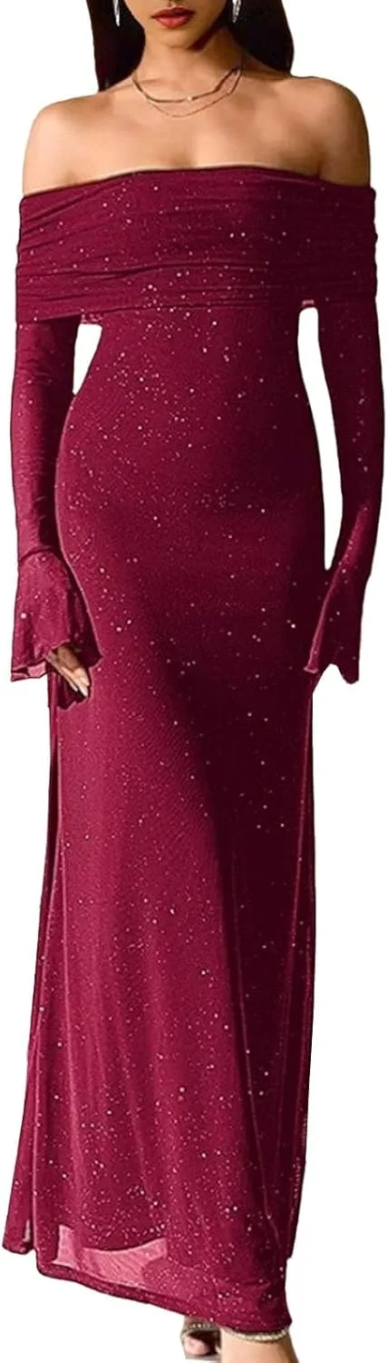 Женское платье-макси с открытыми плечами, облегающее, блестящее, с длинными рукавами, сетчатое, плиссированное, глиттер, для торжественных мероприятий и свадебных гостей Generic, красный