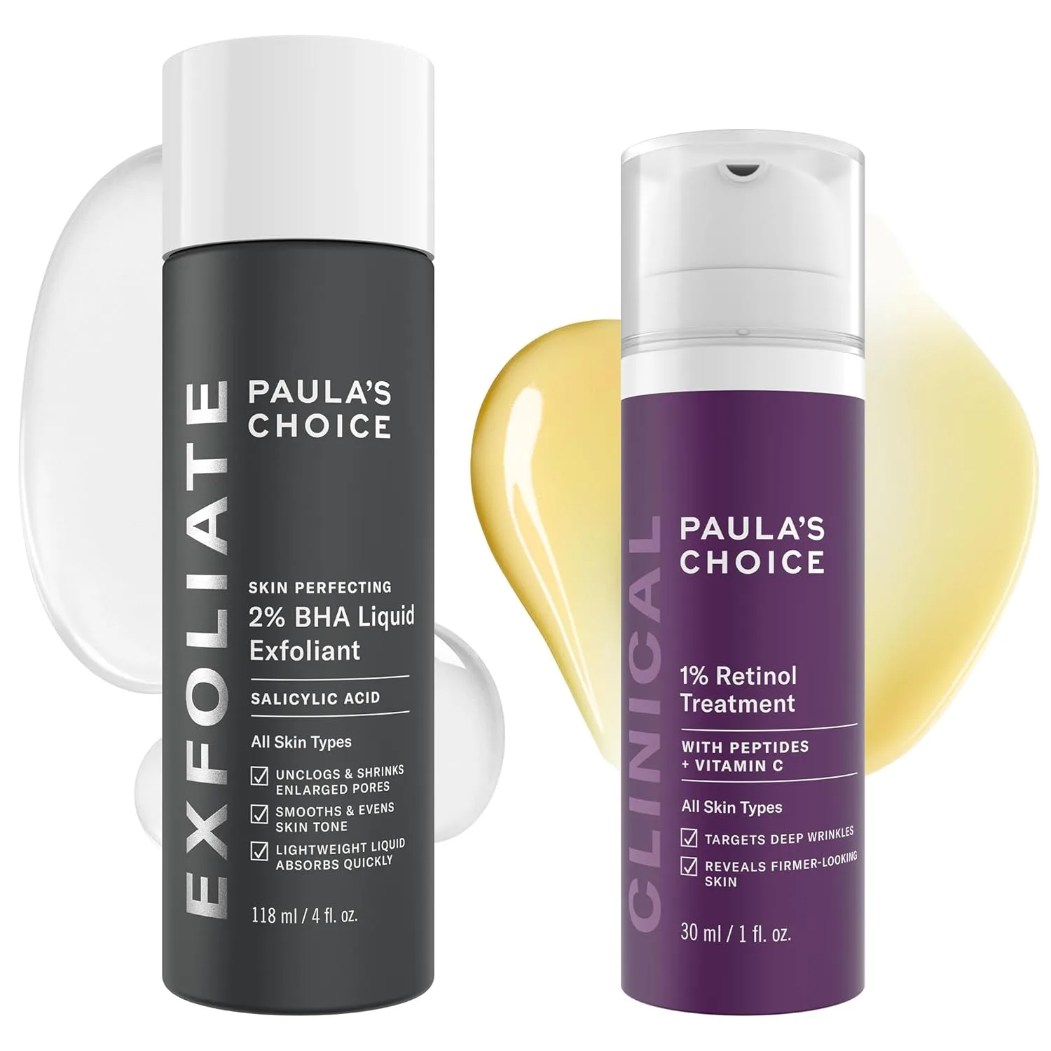 Paula's Choice SKIN PERFECTING 2% BHA Liquid Exfoliant, Salicylic Acid Facial Exfoliator for Enhanced Pores & CLINICAL 1% Retinol Treatment with eptides, Vitamin C & Licorice Extract