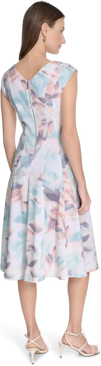 Платье миди Calvin Klein Women's Scuba Crepe с короткими рукавами и V-образным вырезом, Seaspy Mult — фото 4
