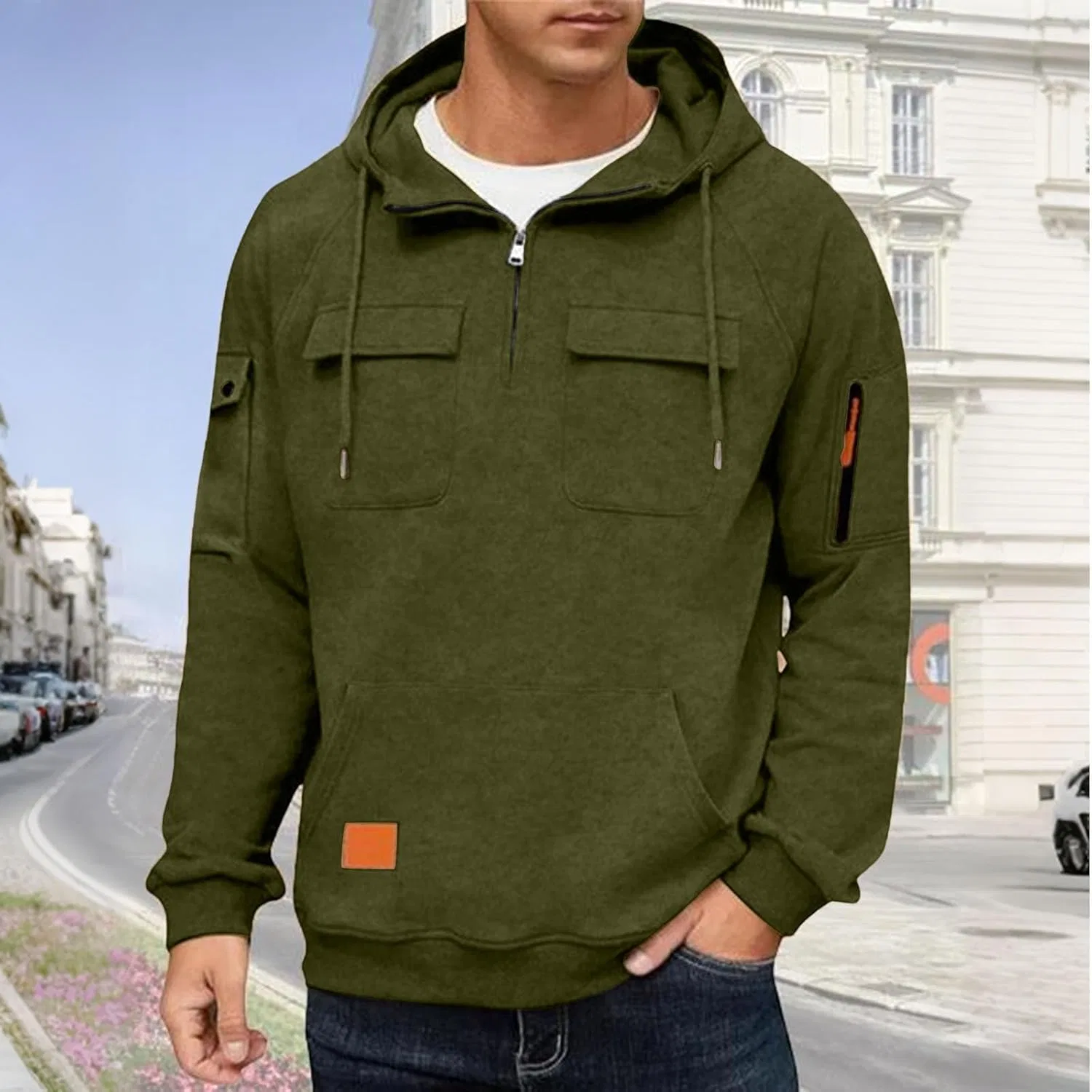 Мужская худи с четверть-застежкой, оверсайз, много карманов, Army Green — фото 2