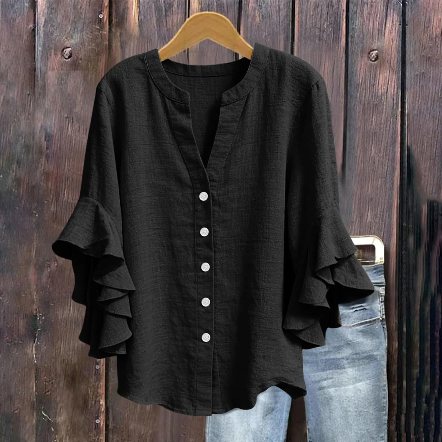 Блуза, V-образный вырез, Button-down, Oversize, черный — фото 4
