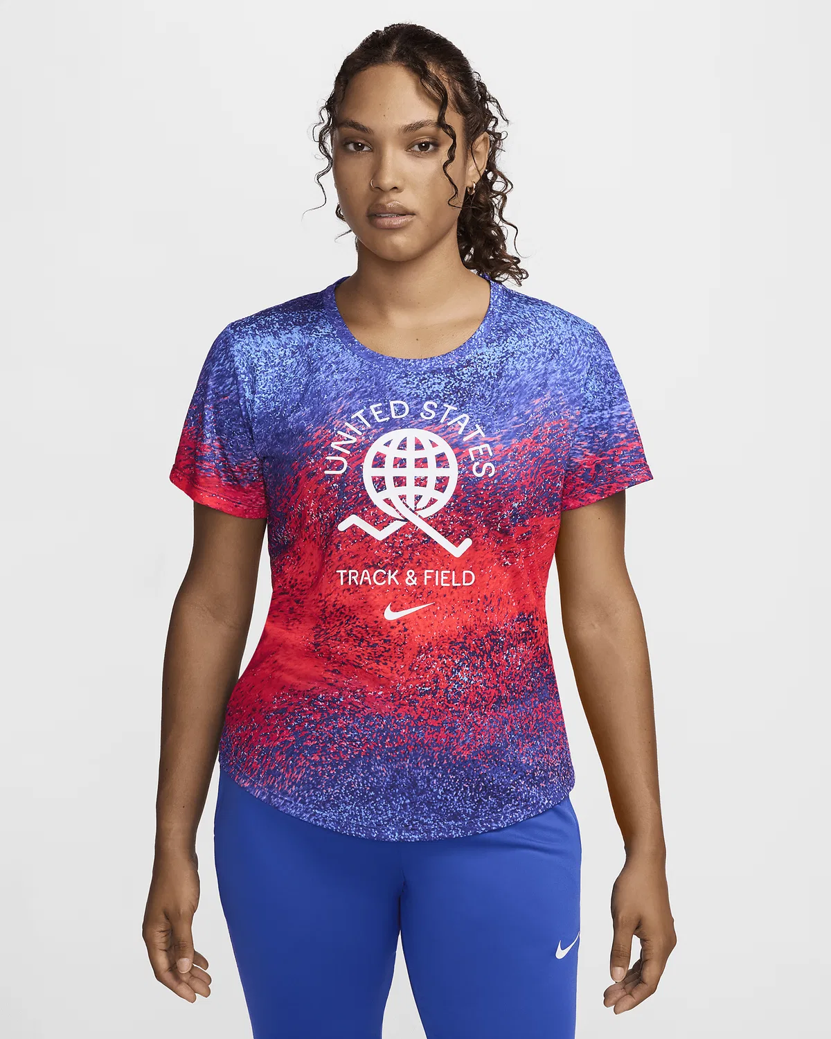 Женский топ Nike Dri-FIT Running с коротким рукавом USA One, Bright Crimson/Old Royal/Baltic Blue/White