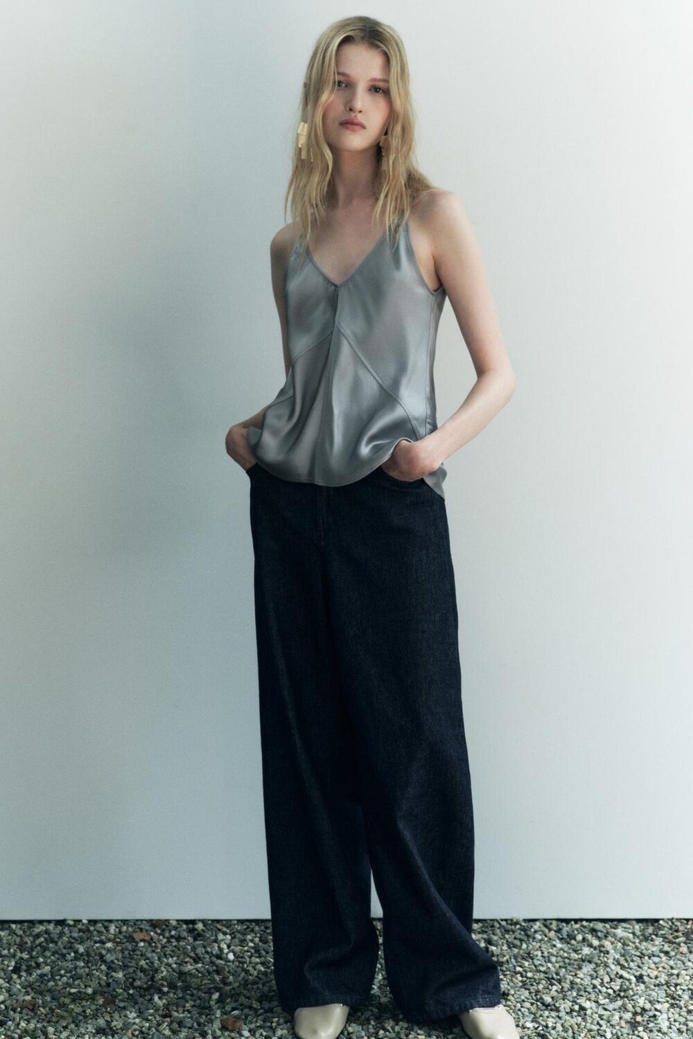 

Атласный топ-камизоль ZARA, серебряный