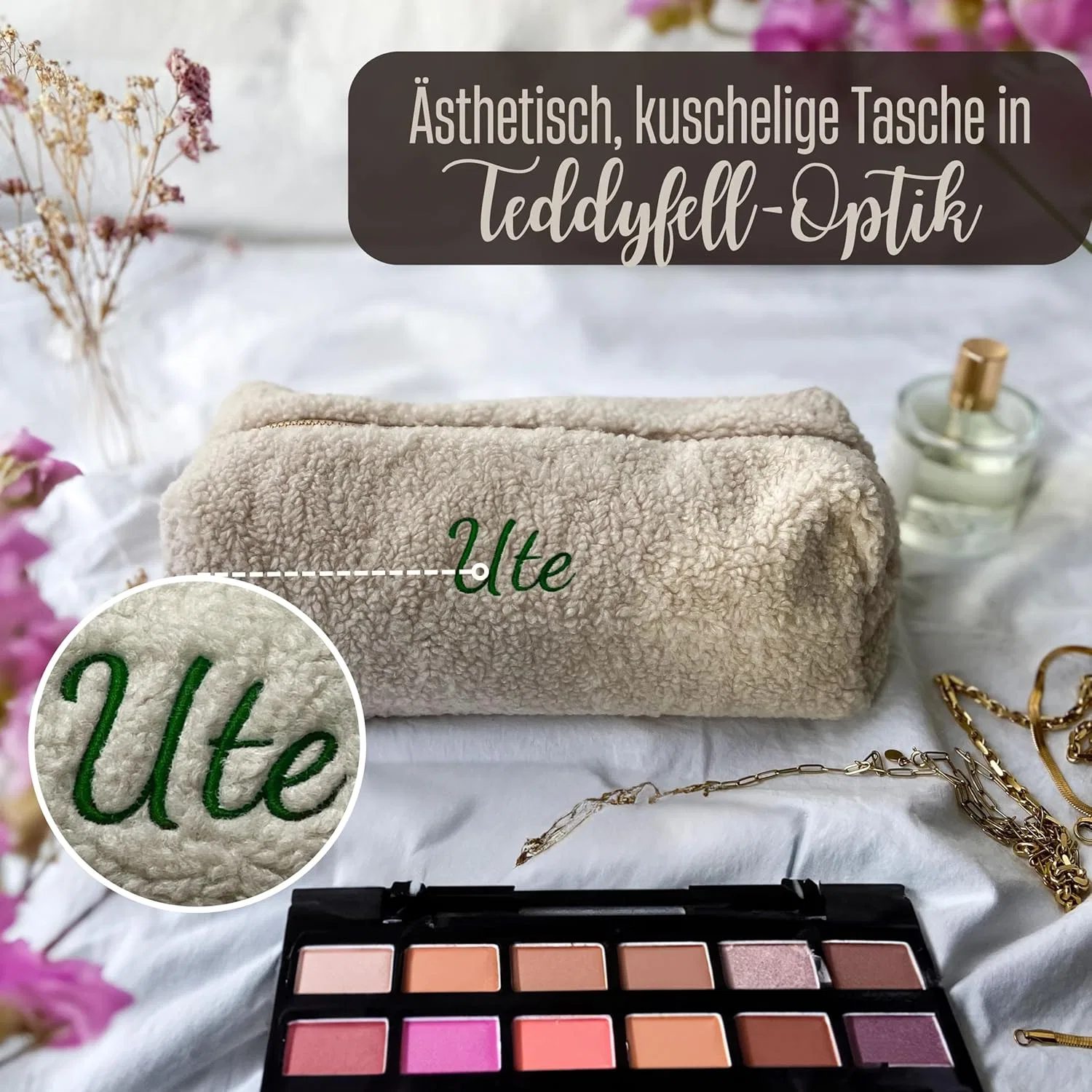 Плюшевая косметичка Teddy с вышитыми инициалами (бежевая) My Stitchery, Beige — фото 4