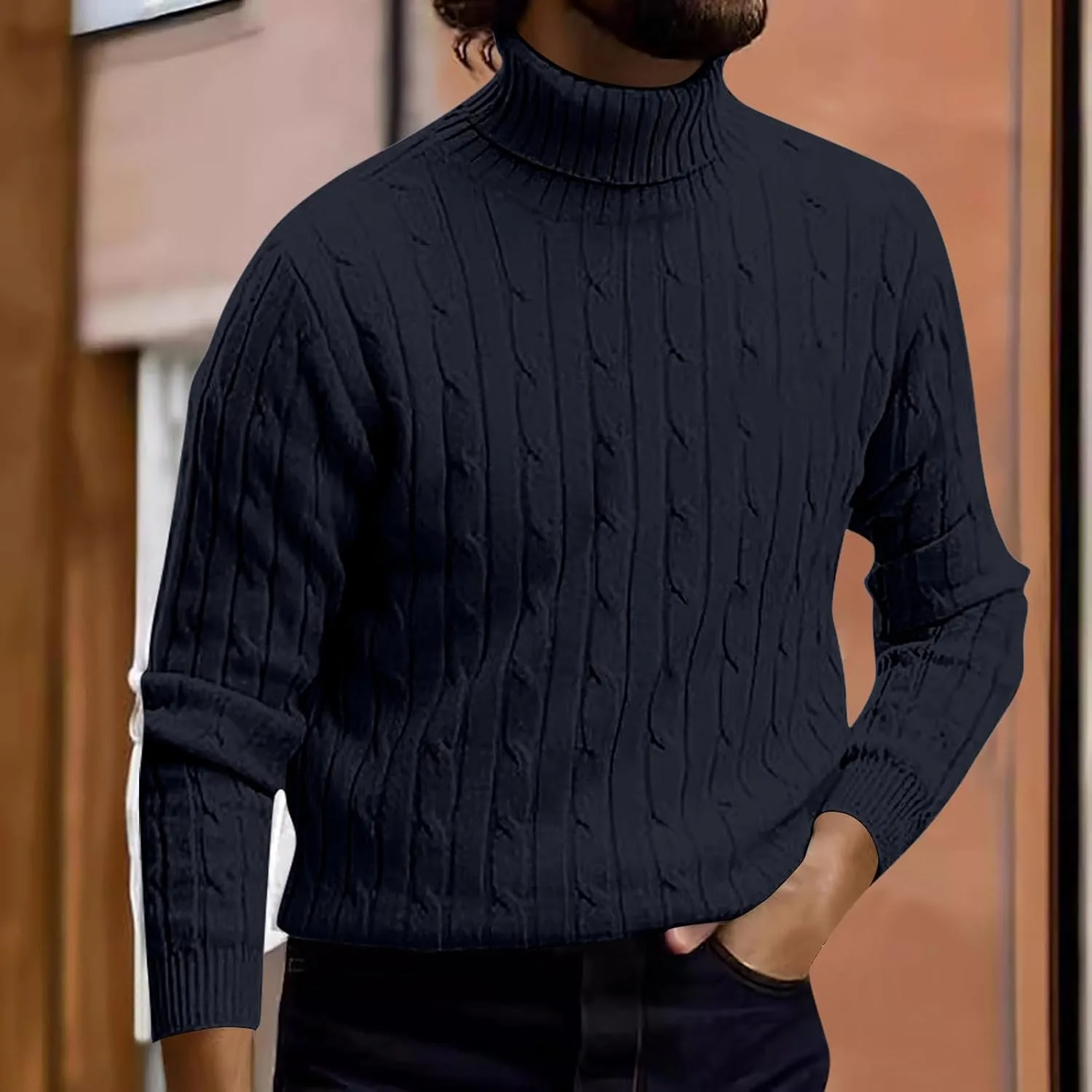 Мужской свитер в стиле Vintage, полоска, Slim Fit, длинный рукав, стойка — фото 4
