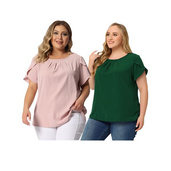 

2 блузки plus size для офиса с круглым вырезом и плиссировкой Agnes Orinda, Pink Green