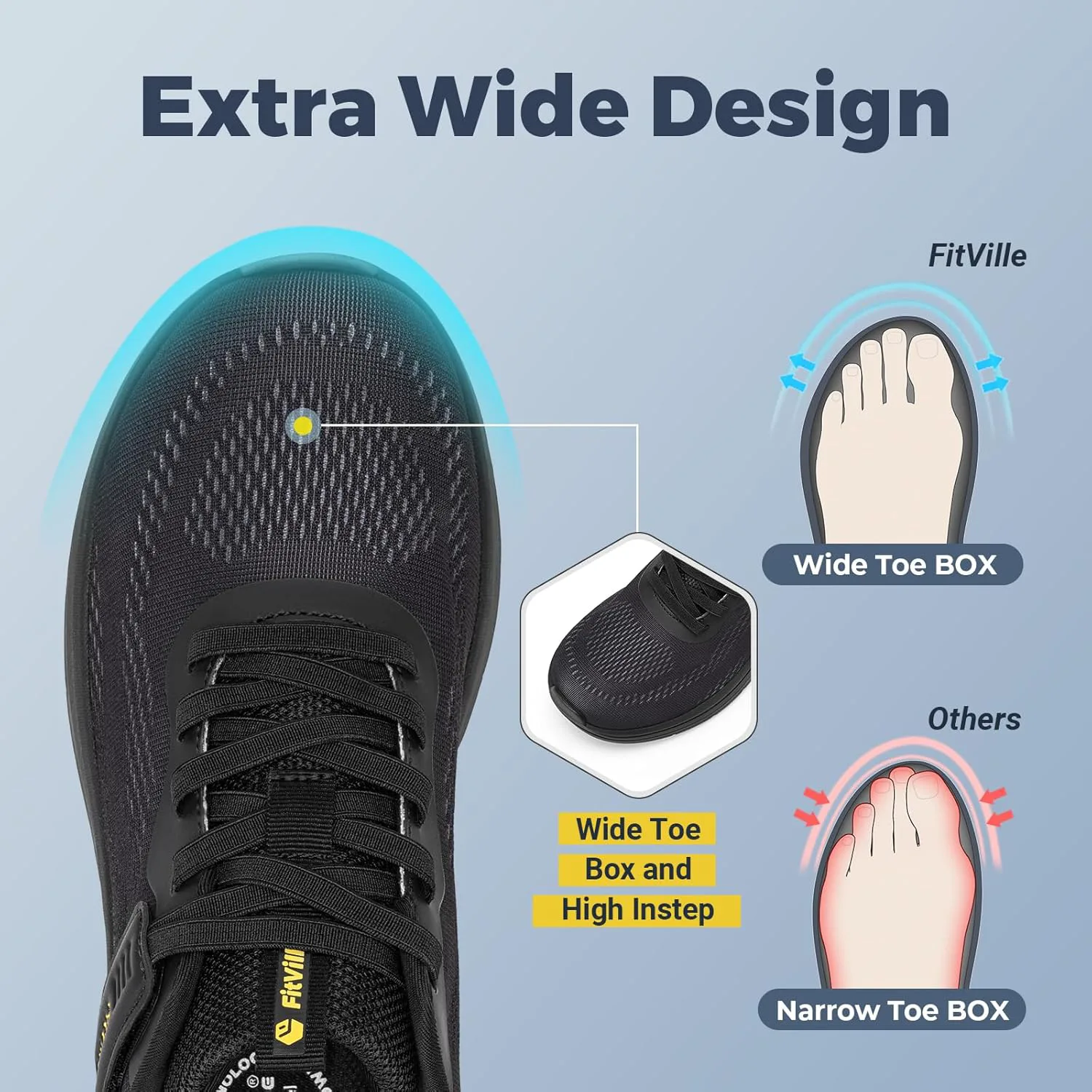 FitVille Широкие кроссовки для мужчин, сверхширокая модель с поддержкой свода стопы, удобные легкие беговые кроссовки для мужчин при плоской стопе и подошвенном фасците - Cloud Wanderer V22, черный