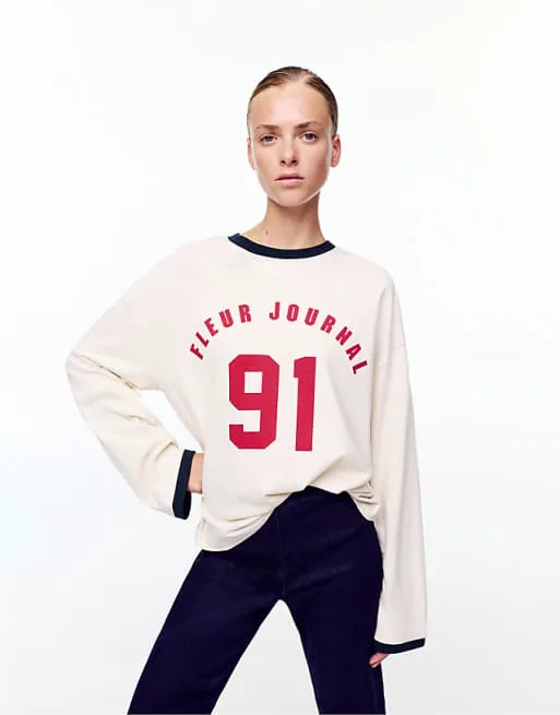 

Бежевая футболка с длинным рукавом и принтом Pull&Bear, Бежевый, Бежевая футболка с длинным рукавом и принтом Pull&Bear