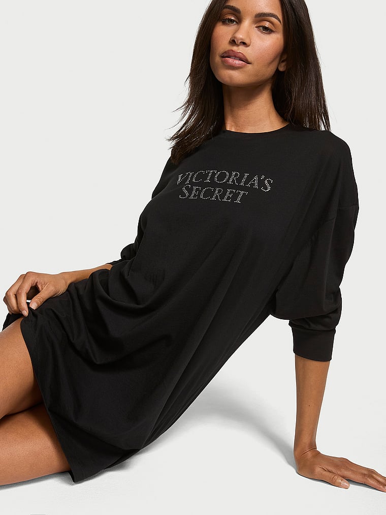 

Футболка для сна с длинными рукавами из 100% хлопка Victoria'S Secret, black w bling
