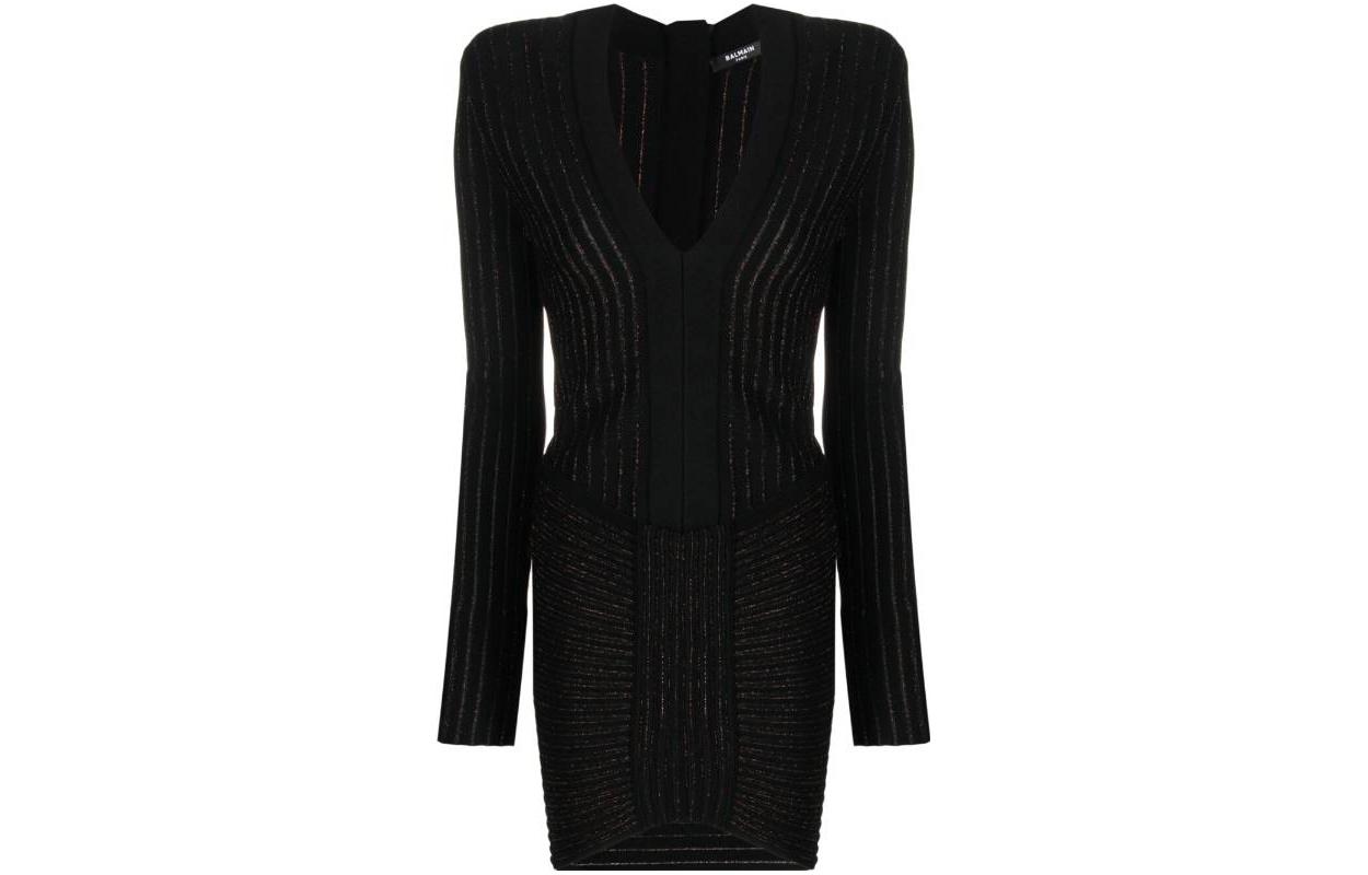 V-образный вырез ребристое трикотажное мини-платье BALMAIN, черный — фото 3