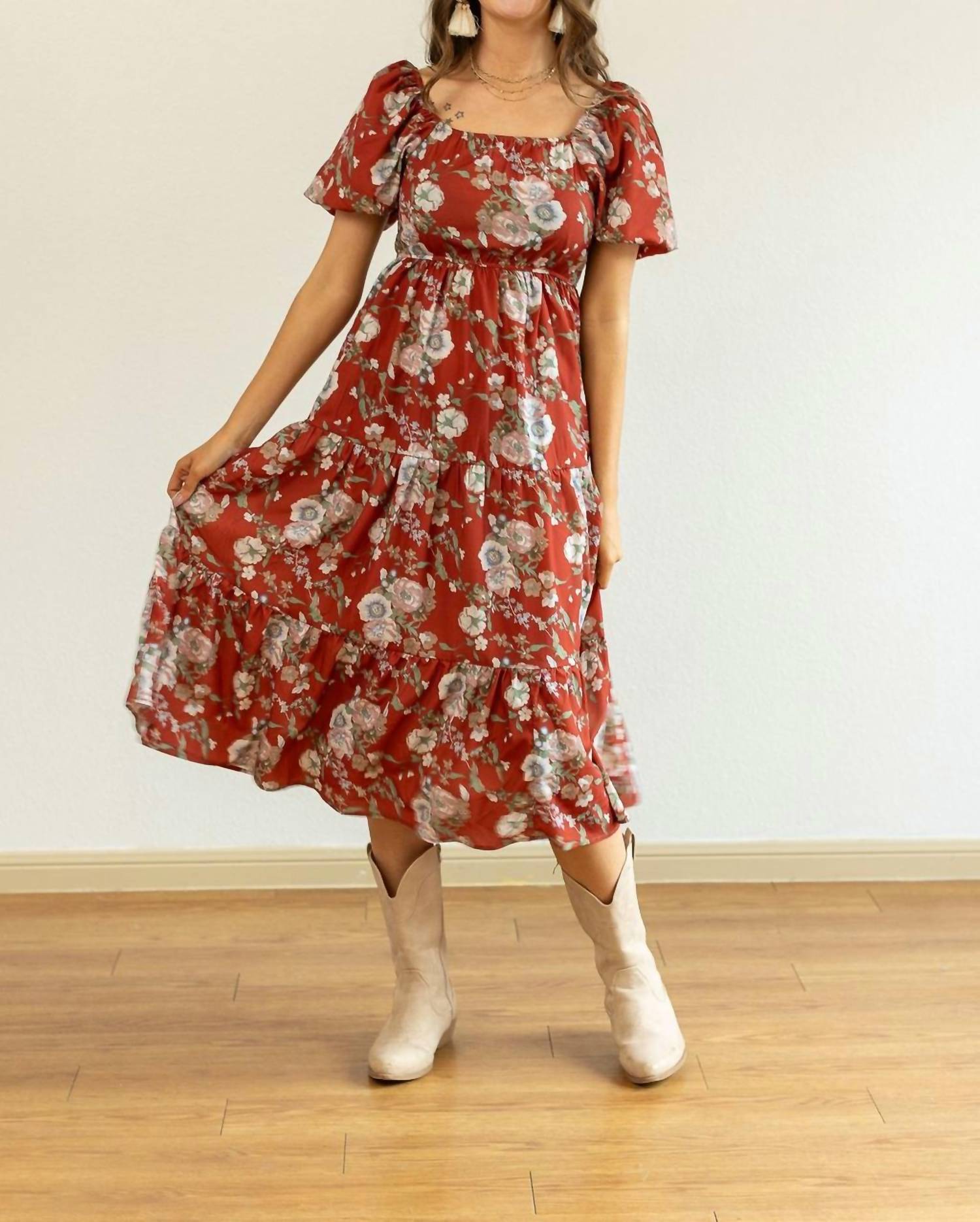 

Платье миди Elizabeth в рыжем цвете с цветочным принтом Southern Grace, Rust And Floral