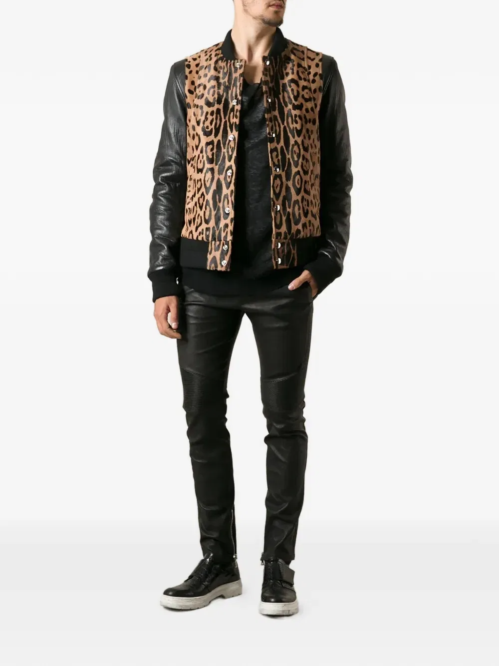 Куртка с леопардовым принтом и кожаными рукавами Balmain, нейтральный — фото 2