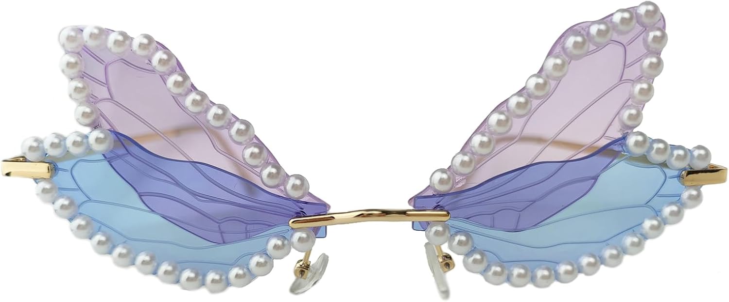 

COTIA Модные солнцезащитные очки без оправы с рисунком «крылья стрекозы» для женщин, украшенные кристаллами, стразами и жемчугом, для вечеринки и Хэллоуина, Blue Purple1