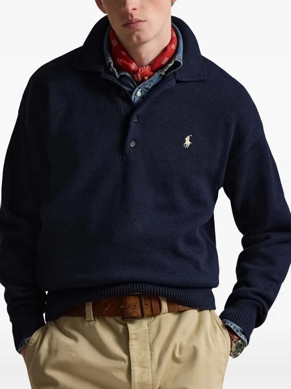 Свитер с воротником-поло с флагом Polo Ralph Lauren, синий — фото 3