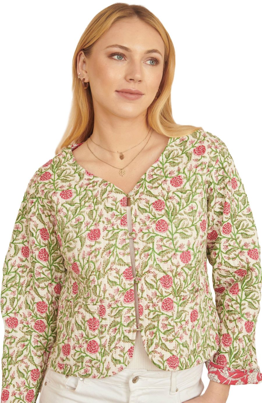 

Женская двусторонняя стеганая хлопковая куртка с цветочным принтом Yumi, White/pink