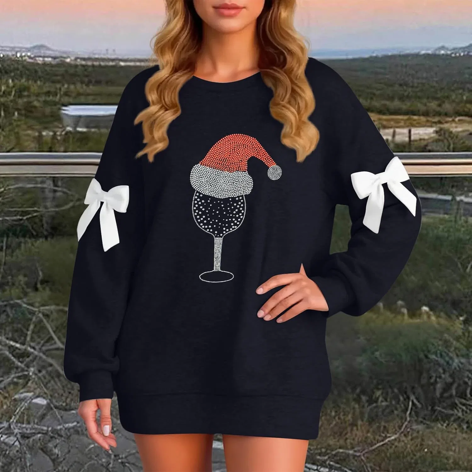 Женская блуза с принтом Санта-Клаус, Christmas, длинный рукав, 2-navy — фото 3