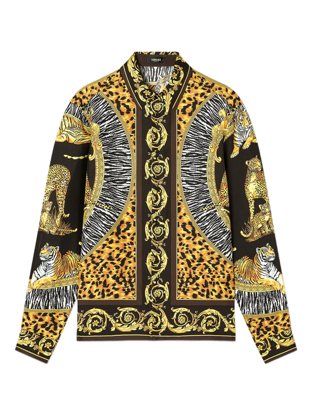 

Шелковая рубашка с принтом «Дикие кошки» VERSACE, черный