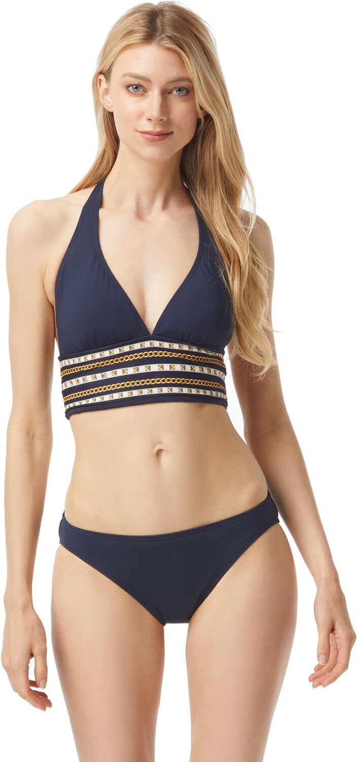 

Пляжный топ MICHAEL Michael Kors Chain Border Halter Bikini Top, цвет New Navy