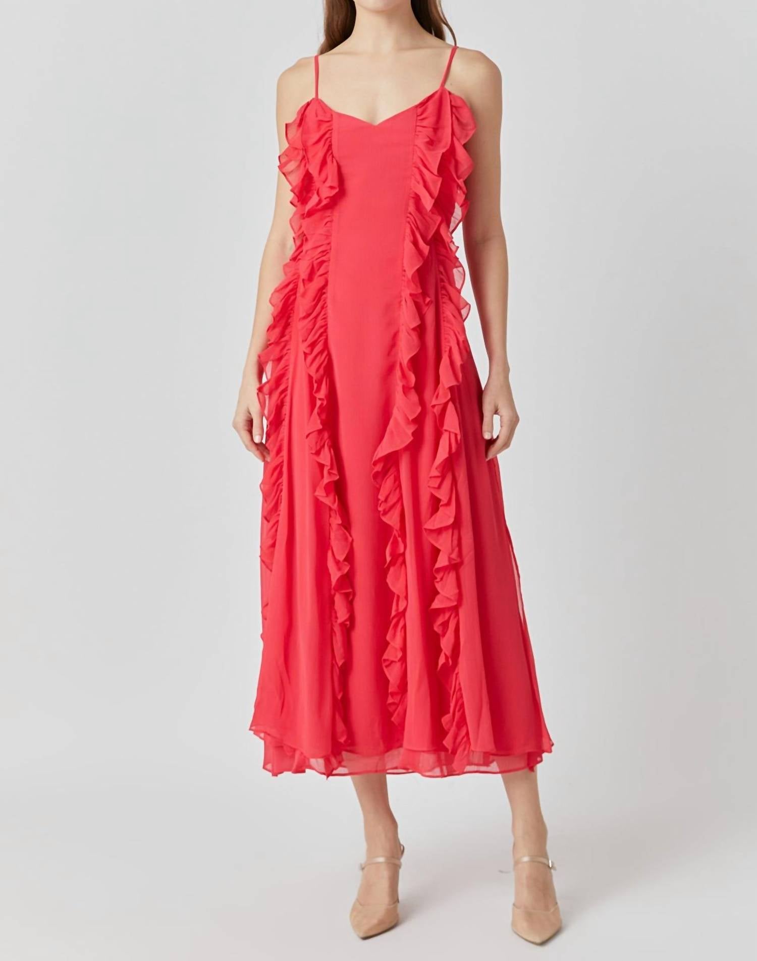 

Шифоновое платье-спагетти макси с оборками красного цвета 2.7 AUGUST APPAREL