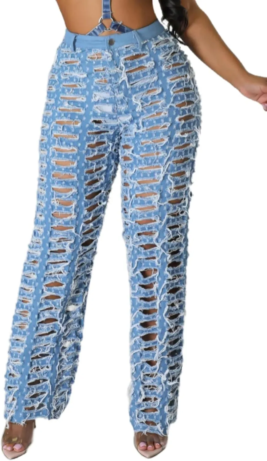 

Vaceky джинсы с потертостями и разрывами, женские, с эластичным поясом и прямыми штанинами