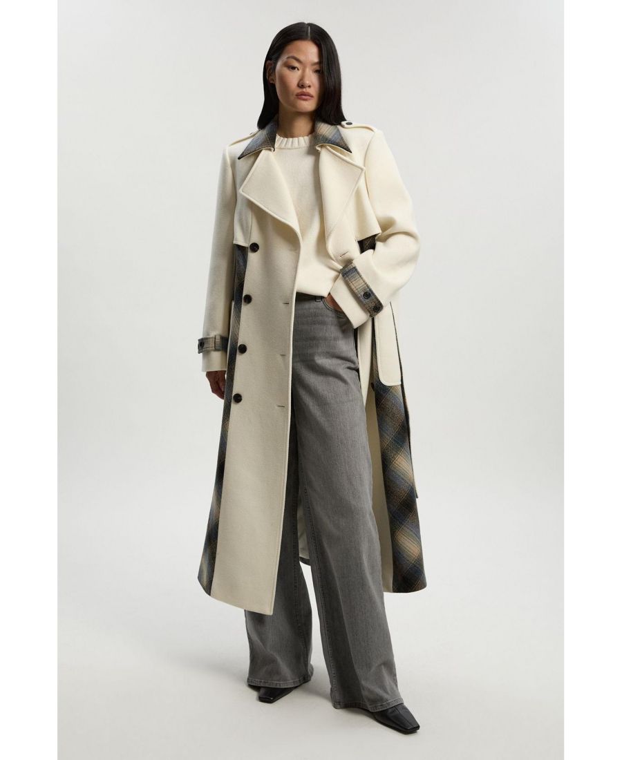 

Женское шерстяное клетчатое пальто-тренч миди Karen Millen, Ivory