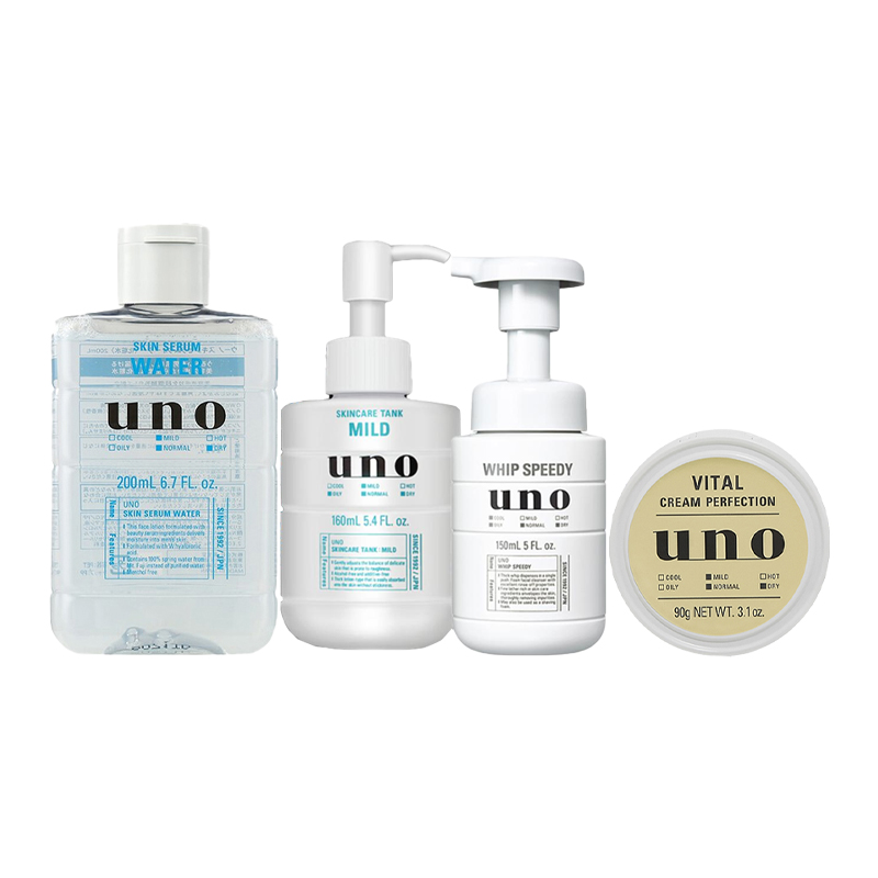 

Набор для ухода за кожей из четырех средств: увлажающий тоник, питательный лосьон, крем для лица и очищающее средство для контроля жирности и увлажнения Uno