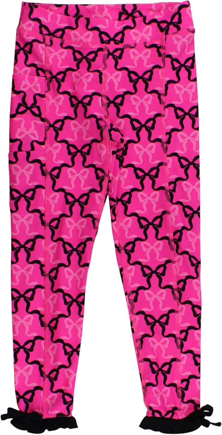 Леггинсы для девочек активные с карманом RuffleButts, Neon Magenta Bows
