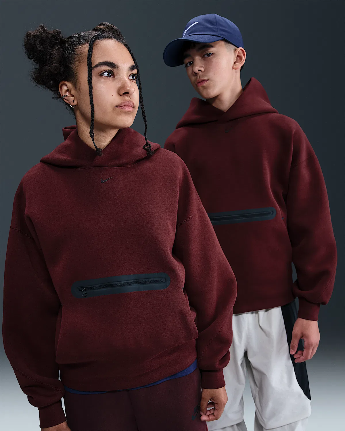 Детская (мальчиковая) оверсайз худи Nike Sportswear Tech Fleece, Dark Team Red/Black