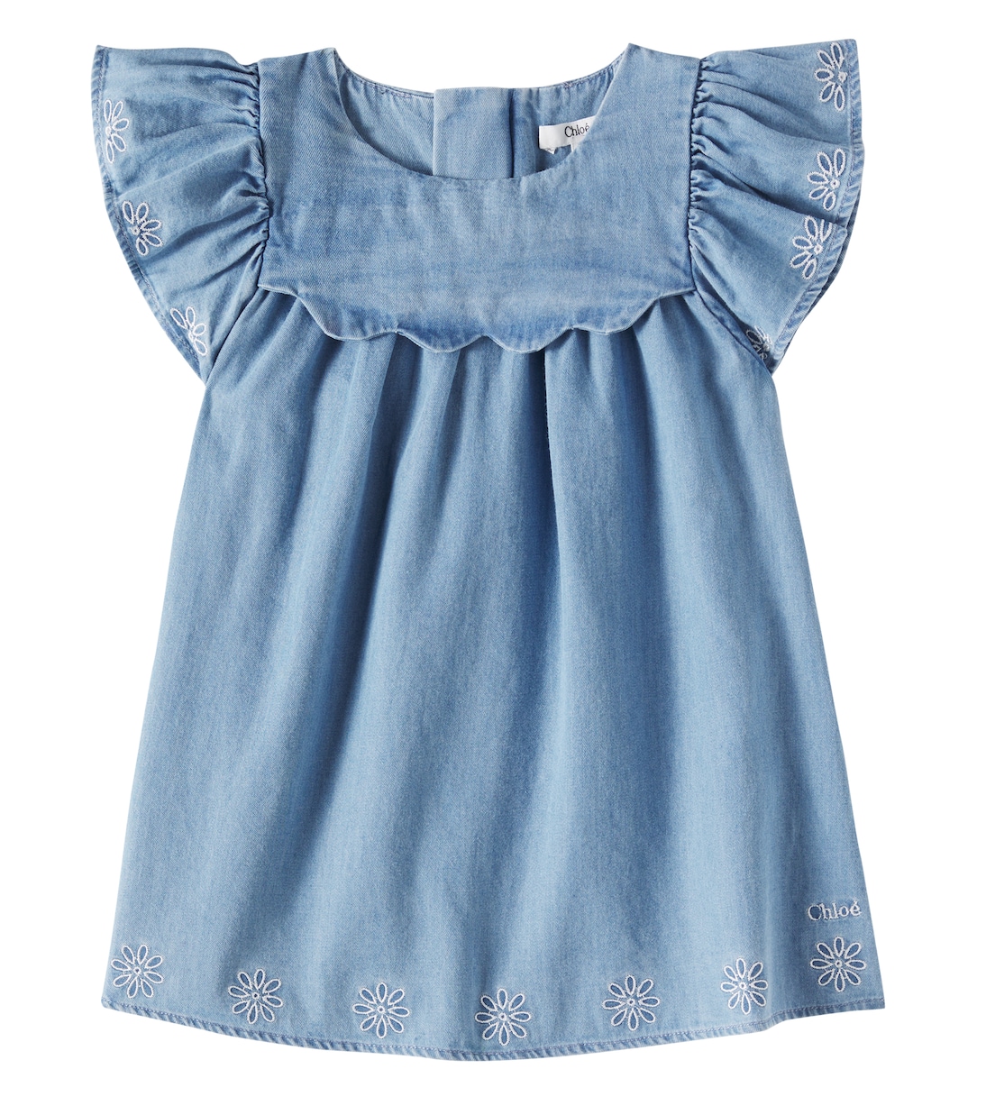 

Детское вышитое платье из шамбре Chloé Kids, Denim Light Blue