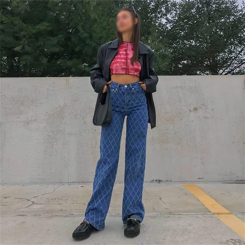 Джинсы прямые с высокой талией, клетчатые, Casual, синие — фото 4