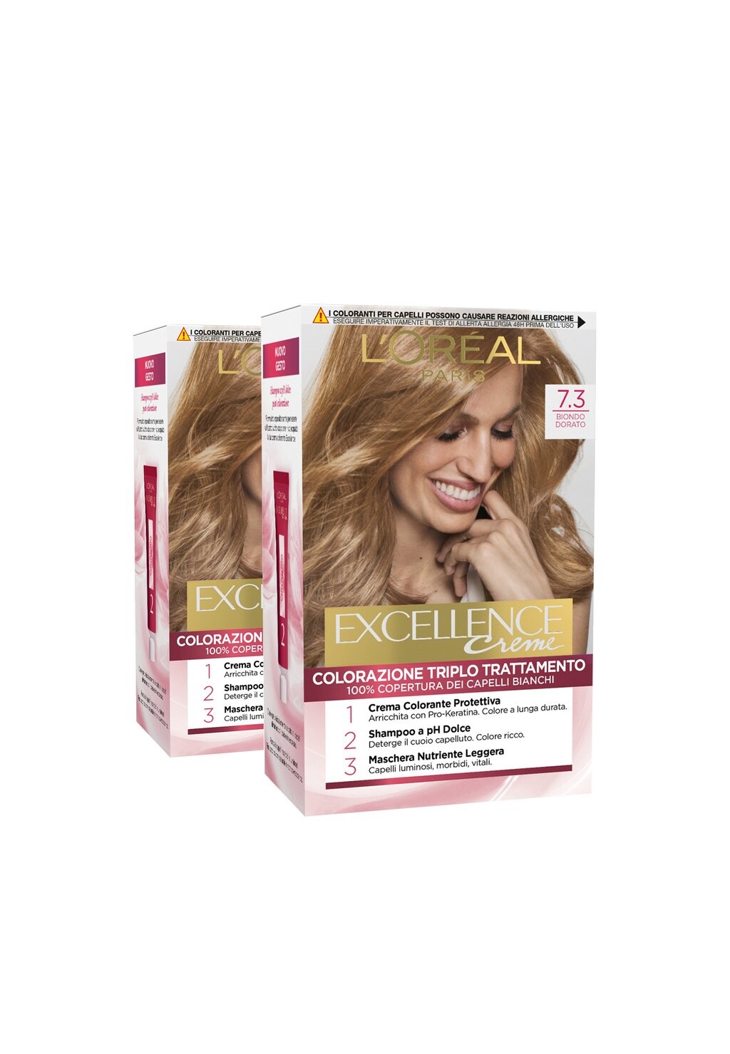 

Краска для волос L'ORÉAL PARIS TINTA CAPELLI EXCELLENCE COPRE I CAPELLI BIANCHI COLORE RICCO LUMINOSO E A LUNGA DURATA, 2 PACK L'Oréal Paris, желтый