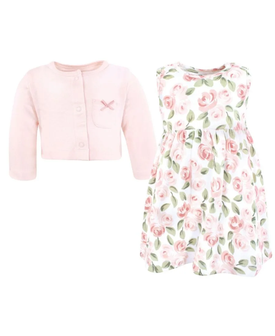 Удобный хлопковый комплект из платья и подходящего кардигана Hudson Baby, blush розовый floral — фото 3