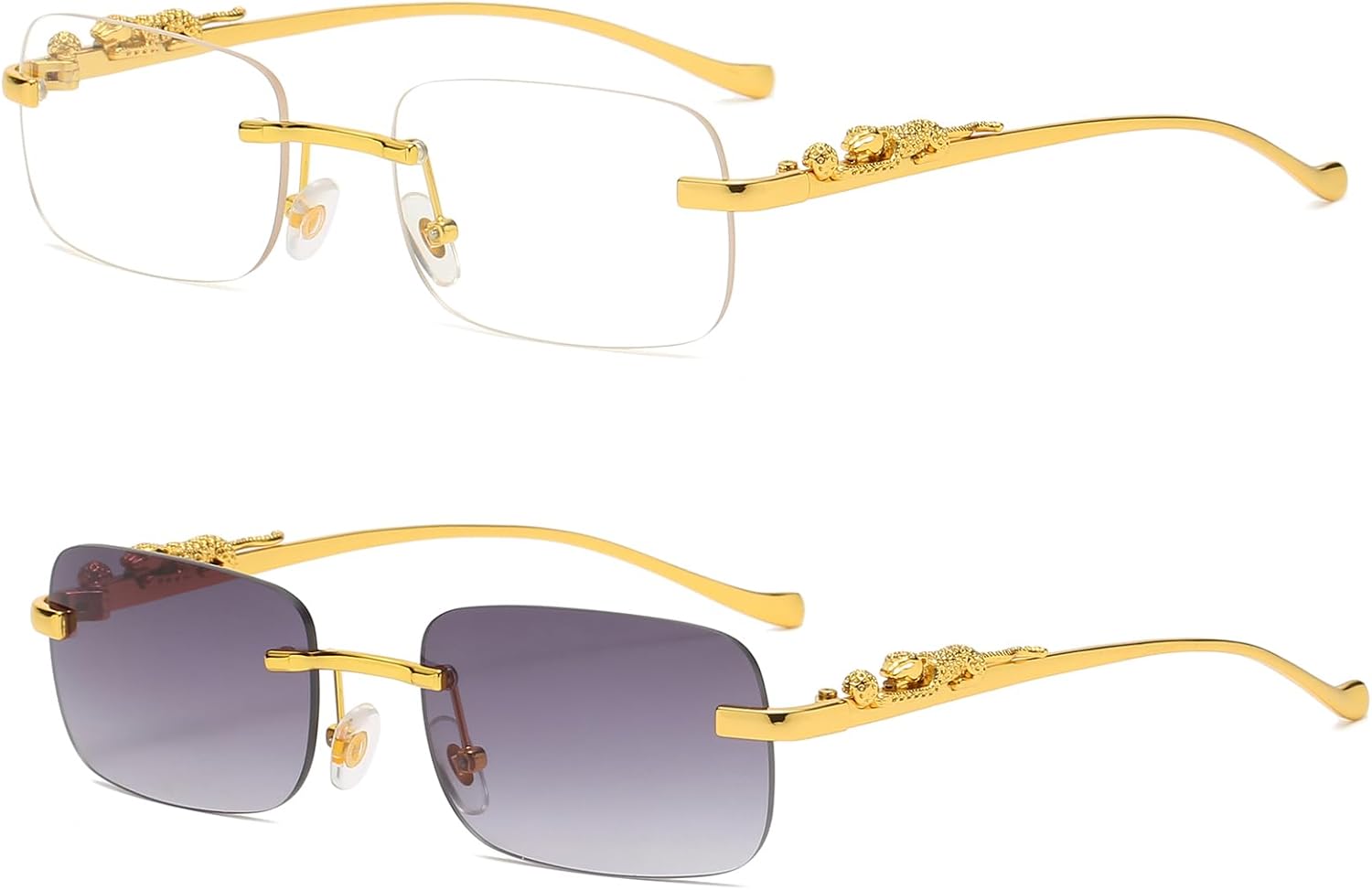 

Винтажные маленькие прямоугольные солнцезащитные очки без оправы, металлические, золотистые, серебристые, с леопардовым принтом, для женщин и мужчин TOSGMLOUS, 2pack ( Gold/Grey + Gold/Clear)