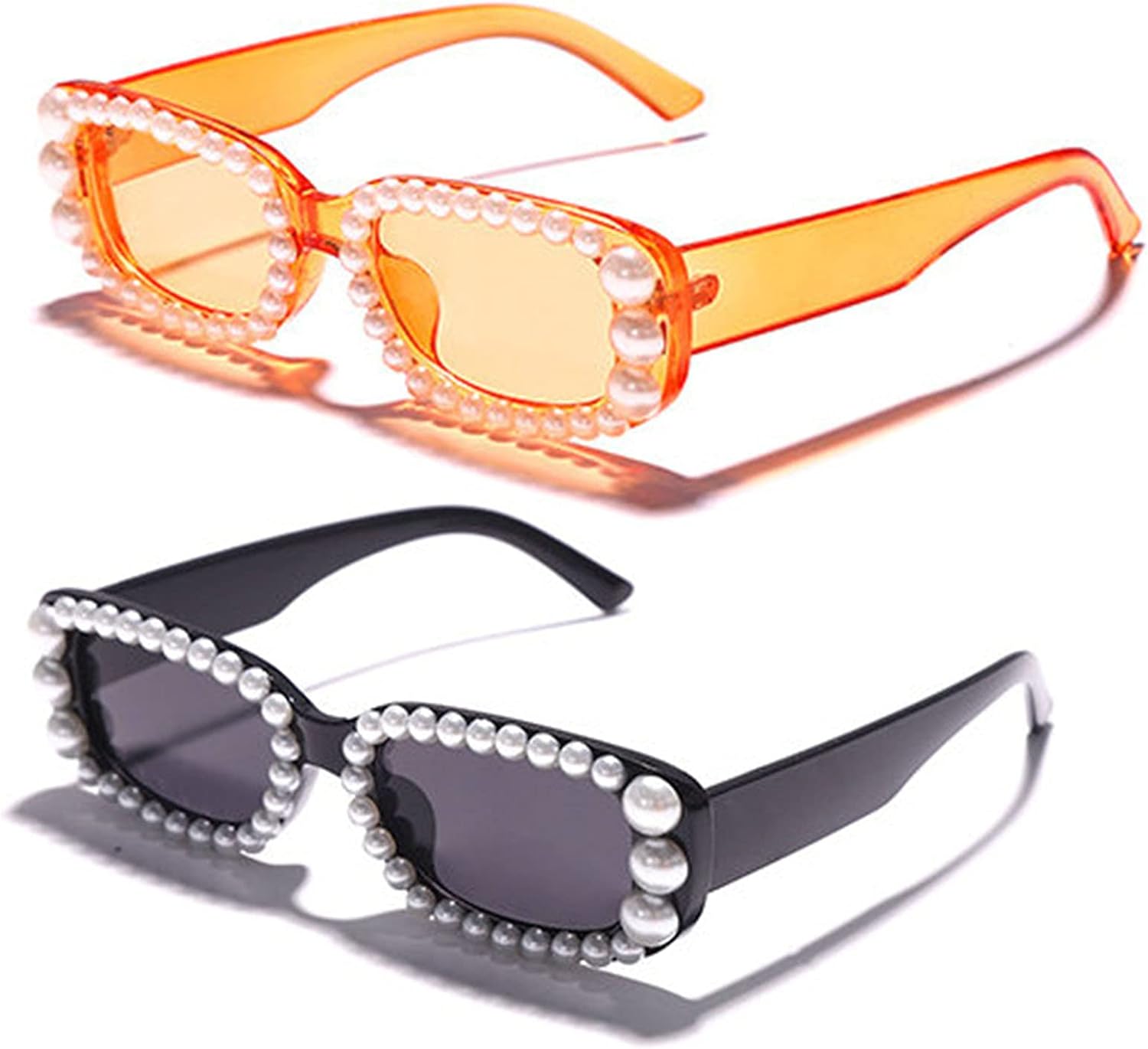 

Солнцезащитные очки Willochra Pearl прямоугольной формы, конфетных цветов, винтажные, ретро, ​​с бриллиантами, узкие, квадратные, со стразами, для вечеринок, с защитой от УФ-излучения UV400, 2pack-black&orange