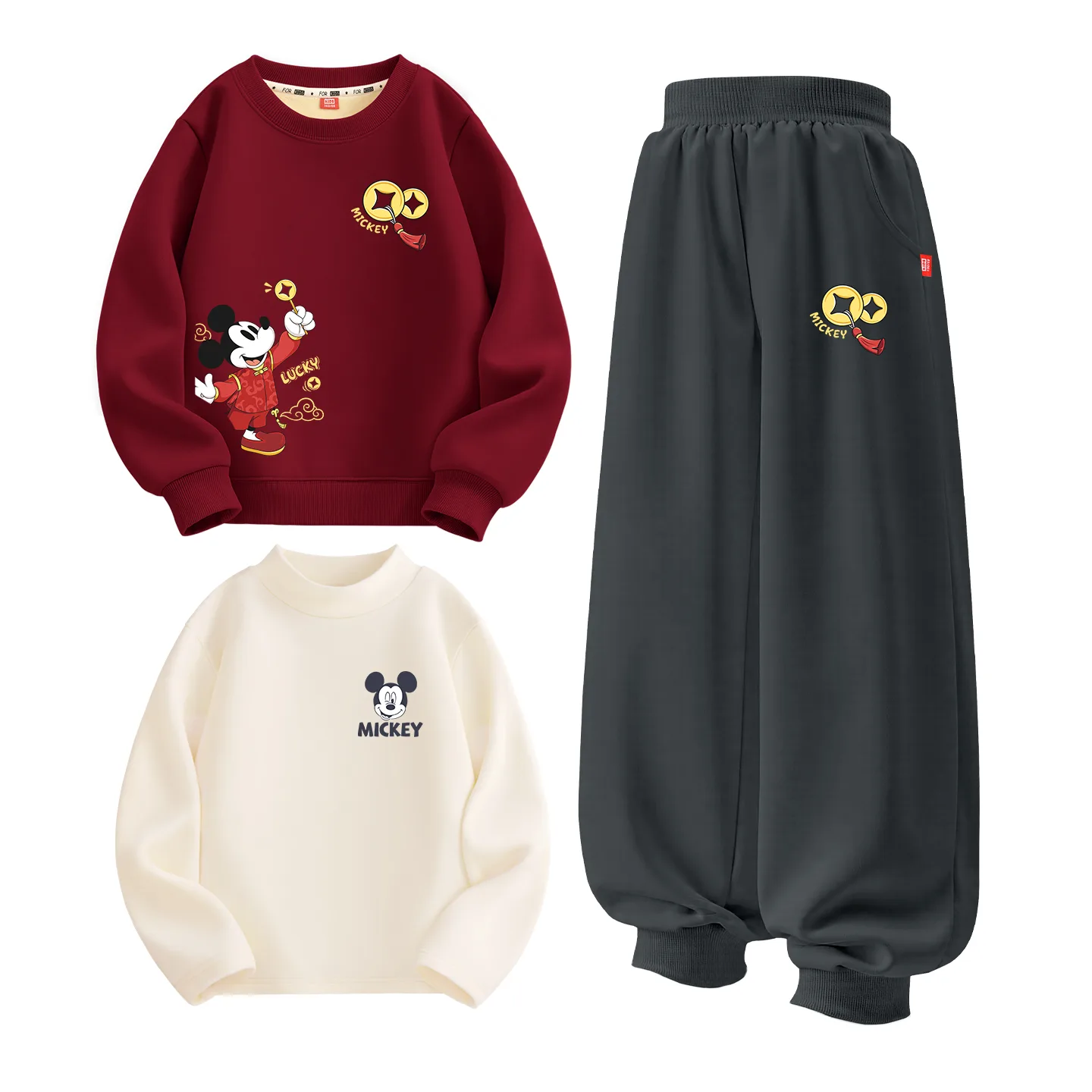 Детский спортивный костюм с круглым вырезом Disney, [Thickened and Fleece-Lined Three-Piece Set]Di Wealth Treasure Wine Red+Di Treasure K Graphite Gray+Gt Di Big Smile K Milk White