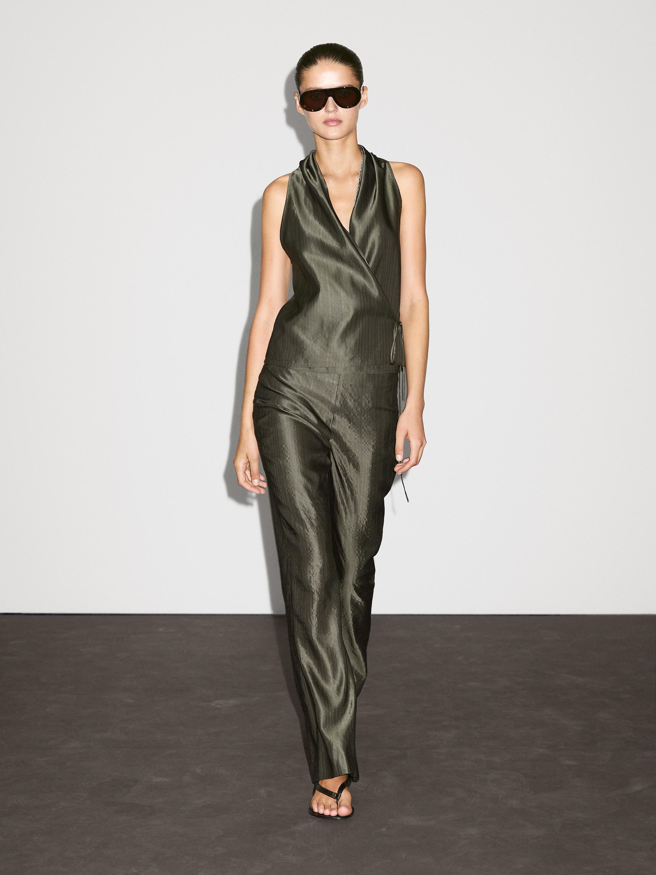 

Расклешенные жаккардовые брюки со средней посадкой Massimo Dutti, темно-зеленый