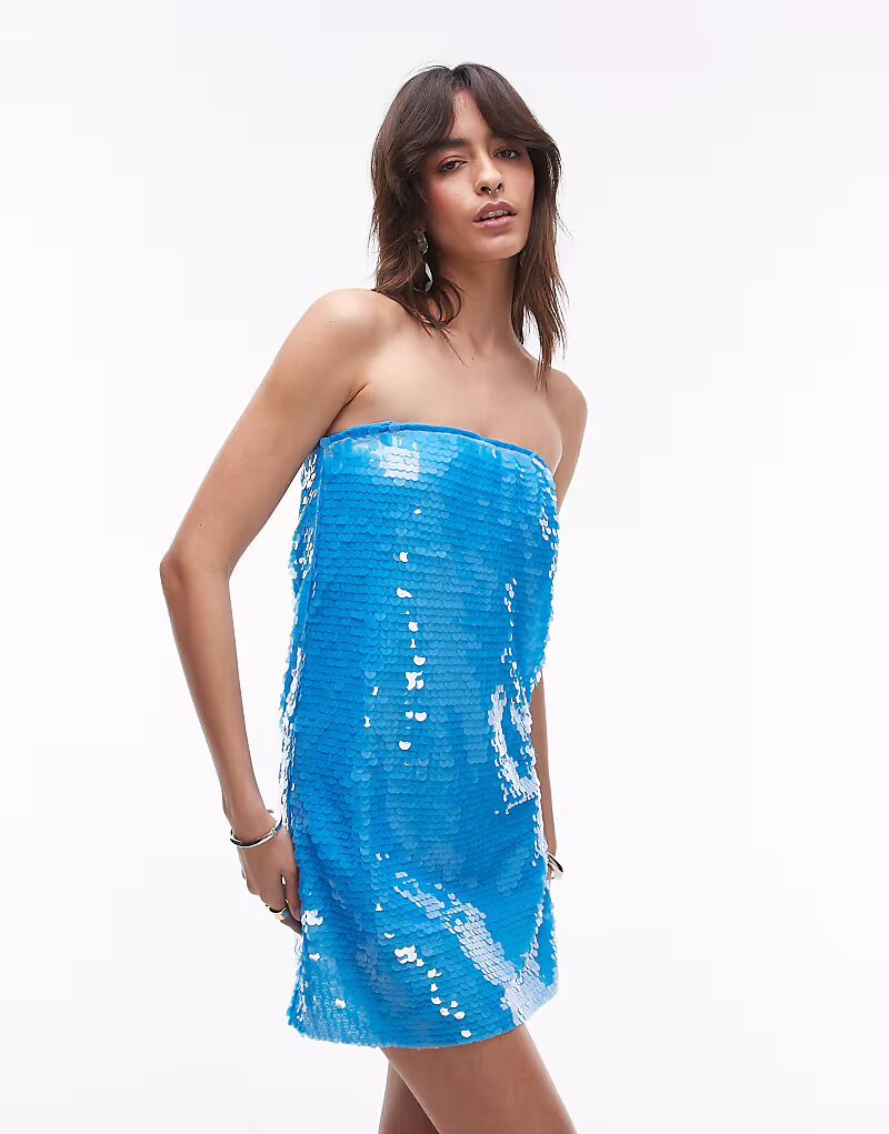 

Летнее платье-бандо с пайетками Topshop ярко-синего цвета