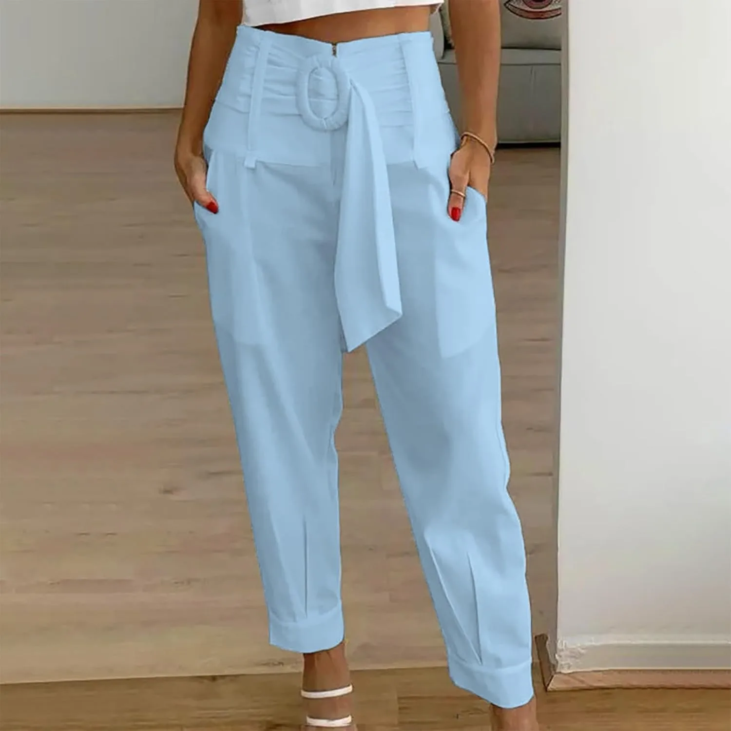 Женские нарядные брюки Casual легкие зауженные укороченные брюки с высокой талией и прямыми штанинами однотонные универсальные Generic, синий — фото 2