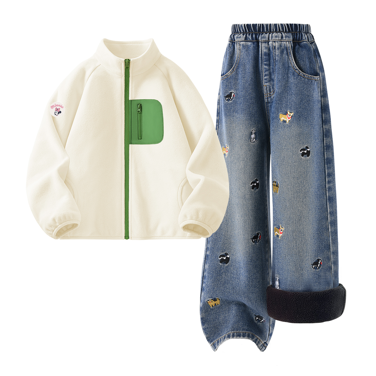 

Детская повседневная спортивная одежда Disney, [Thickened And Fleece-Lined]Dini Medium Round Hook-And-Loop K Light Milk White+Solid Color Denim Blue