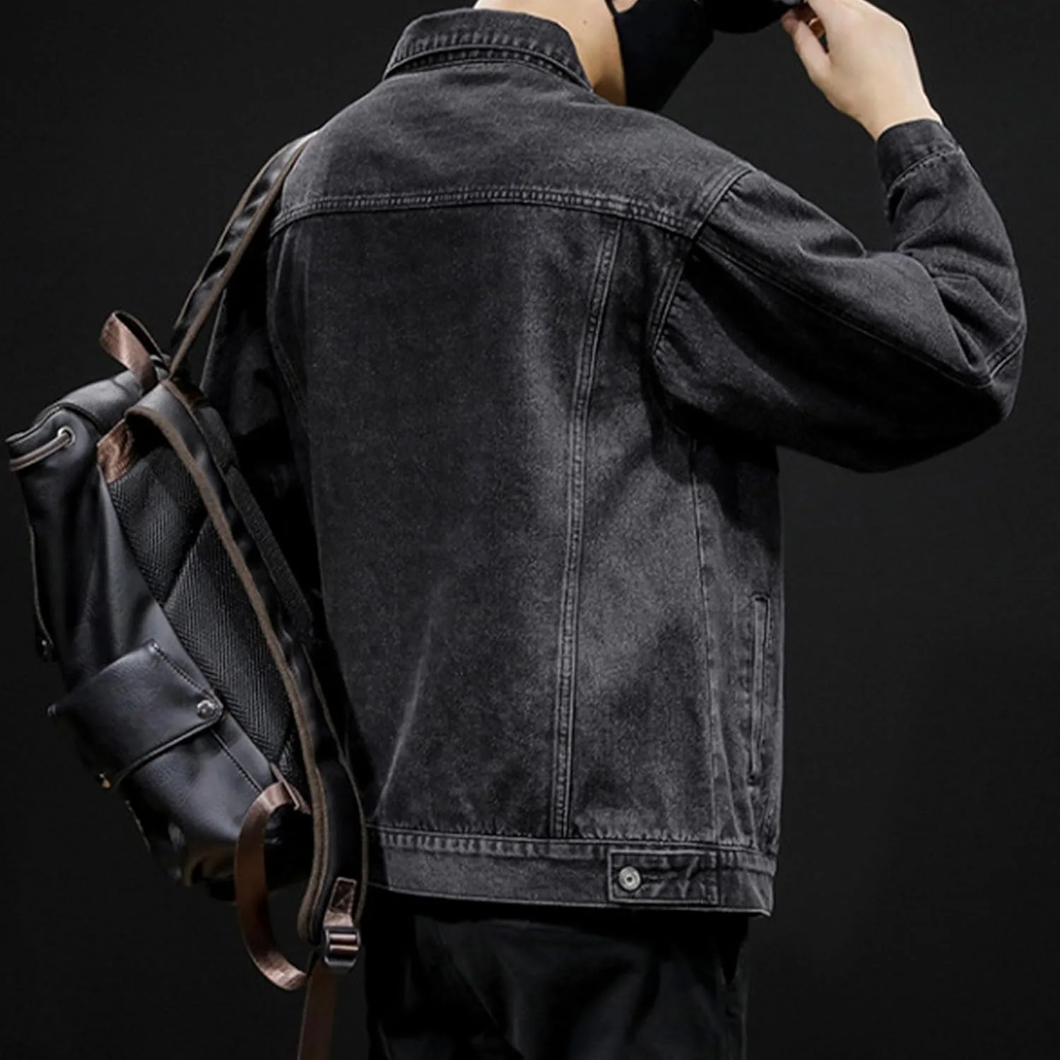 Джинсовая куртка для мужчин Slim Fit с потертостями, классический деним-тракер, стильная повседневная верхняя одежда Generic, черный — фото 3