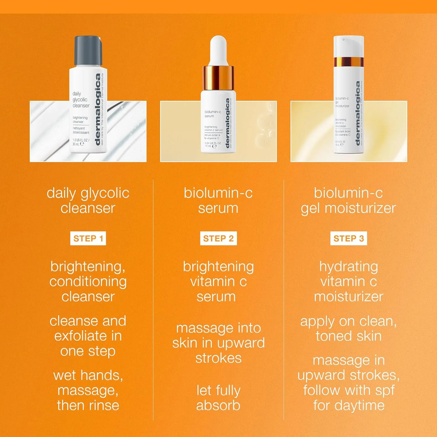 Набор для ухода за кожей лица Dermalogica Daily Brightness Boosters - сыворотка BioLumin-C (8,5 г), увлажняющий гель BioLumin-C (14,2 г) и очищающее средство Daily Glycolic Cleanser (28,3 г) — фото 2
