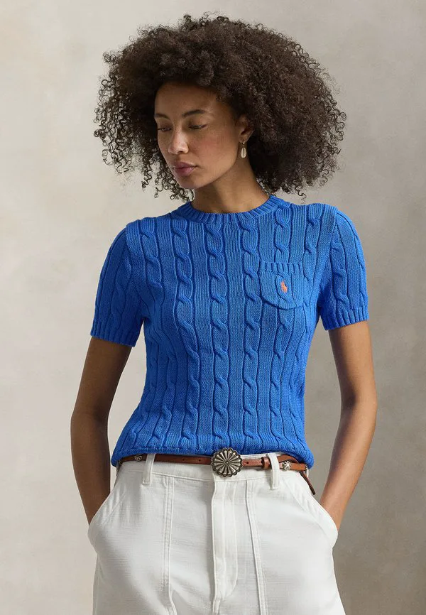 

Хлопковый свитер с короткими рукавами и косами, базовая футболка Polo Ralph Lauren, Blue, Синий, Хлопковый свитер с короткими рукавами и косами, базовая футболка Polo Ralph Lauren, Blue