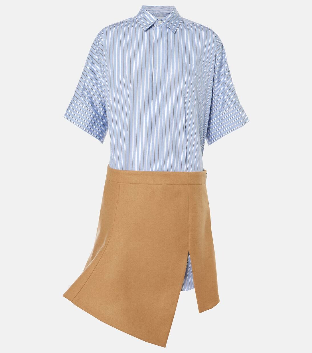 

Мини-платье из хлопкового поплина и шерсти Melton Sacai, цвет l/blue stripe×beige
