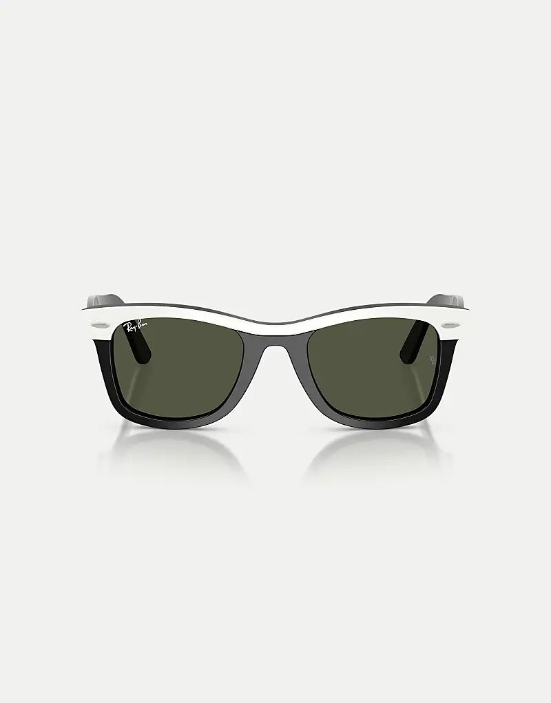 

Солнцезащитные очки Ray-Ban Wayfarer в квадратной оправе с зелеными линзами, белого цвета на черном фоне