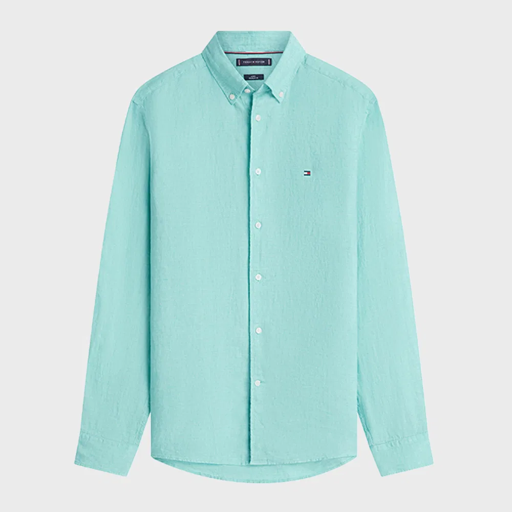 Мужская однотонная рубашка Regular Fit с пигментным окрашиванием мятного цвета от Tommy Hilfiger