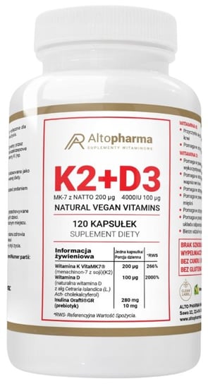 

Alto Pharma, Витамин K2 Vitamk7 200 мкг + D3 4000 мкг пребиотика растительного происхождения, 120 капсул.