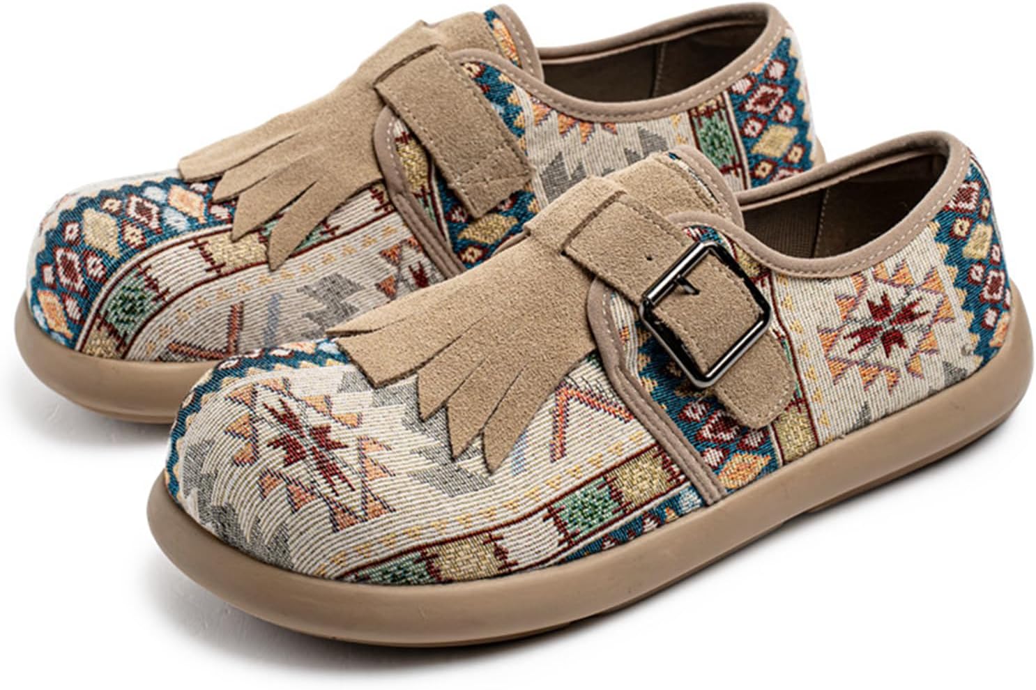 

Ретро мужские лоферы-пенни с племенным принтом, мокасины на толстой подошве, бохо стиль, текстильные с бахромой и ремешком с пряжкой, многоцветный узор, удобная обувь для ходьбы, широкая посадка Dacnakby, хаки